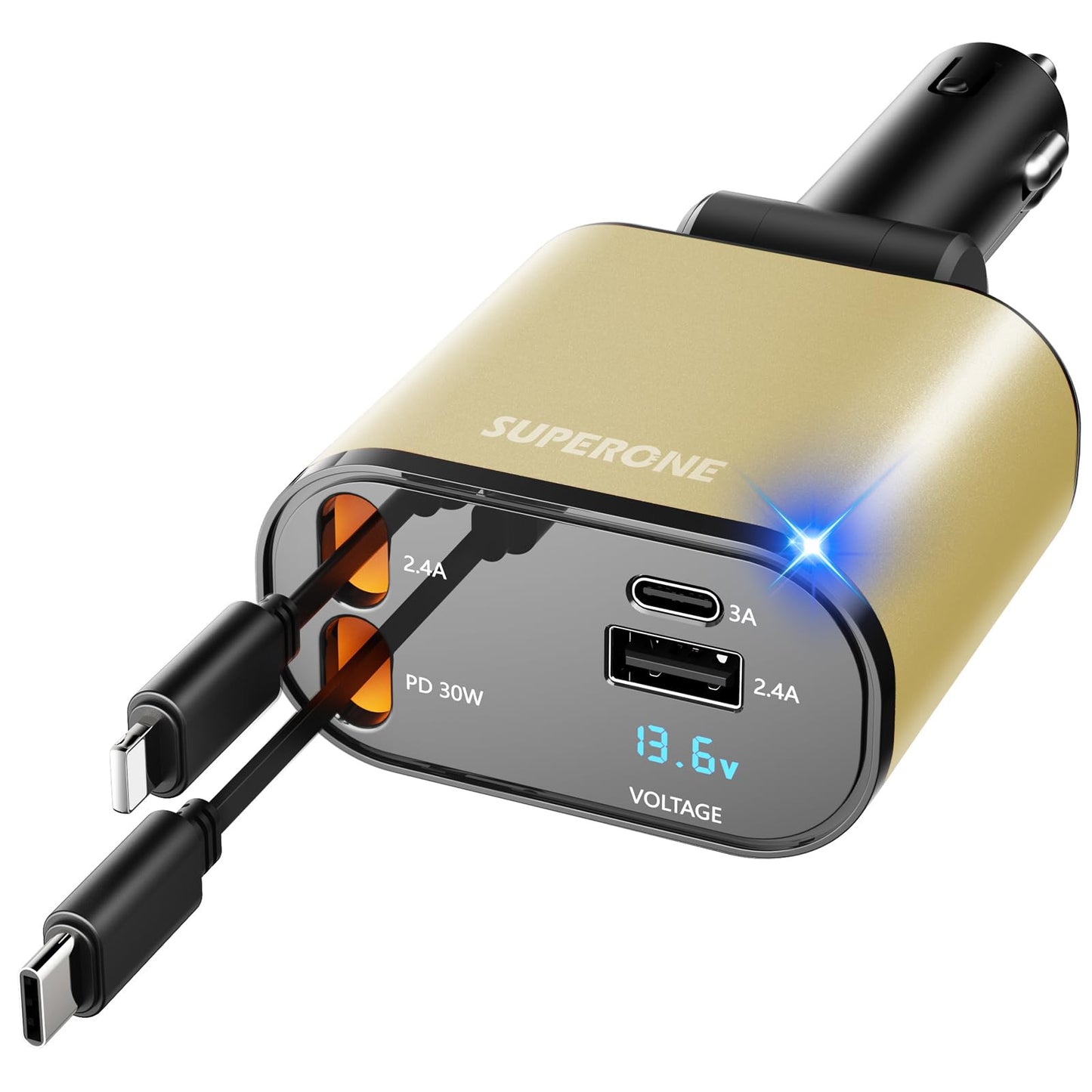 【Upgraded】 SUPERONE Retractable Car Charger 4 in 1, Fast Car Phone Charger with Cord 2.6ft, USB C and Apple Car Adapter, Compatible with iPhone 16 15/15 Pro Max/14/13/12/11, Galaxy, Pixel