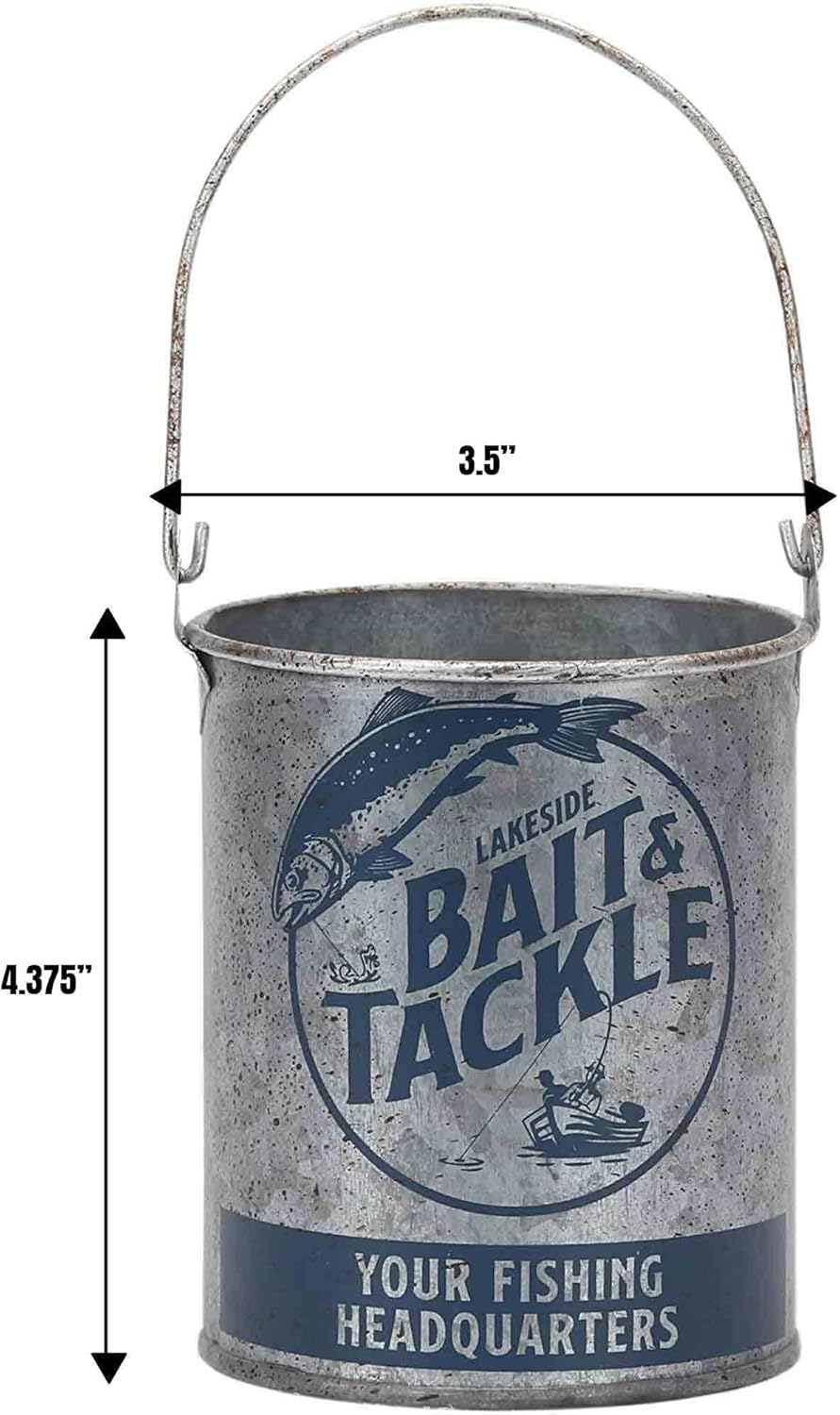 Open Road Brands Lakeside Bait and Tackle Metal Bucket - Decorative Fishing Pail for Pencils, TV Remotes or Tools