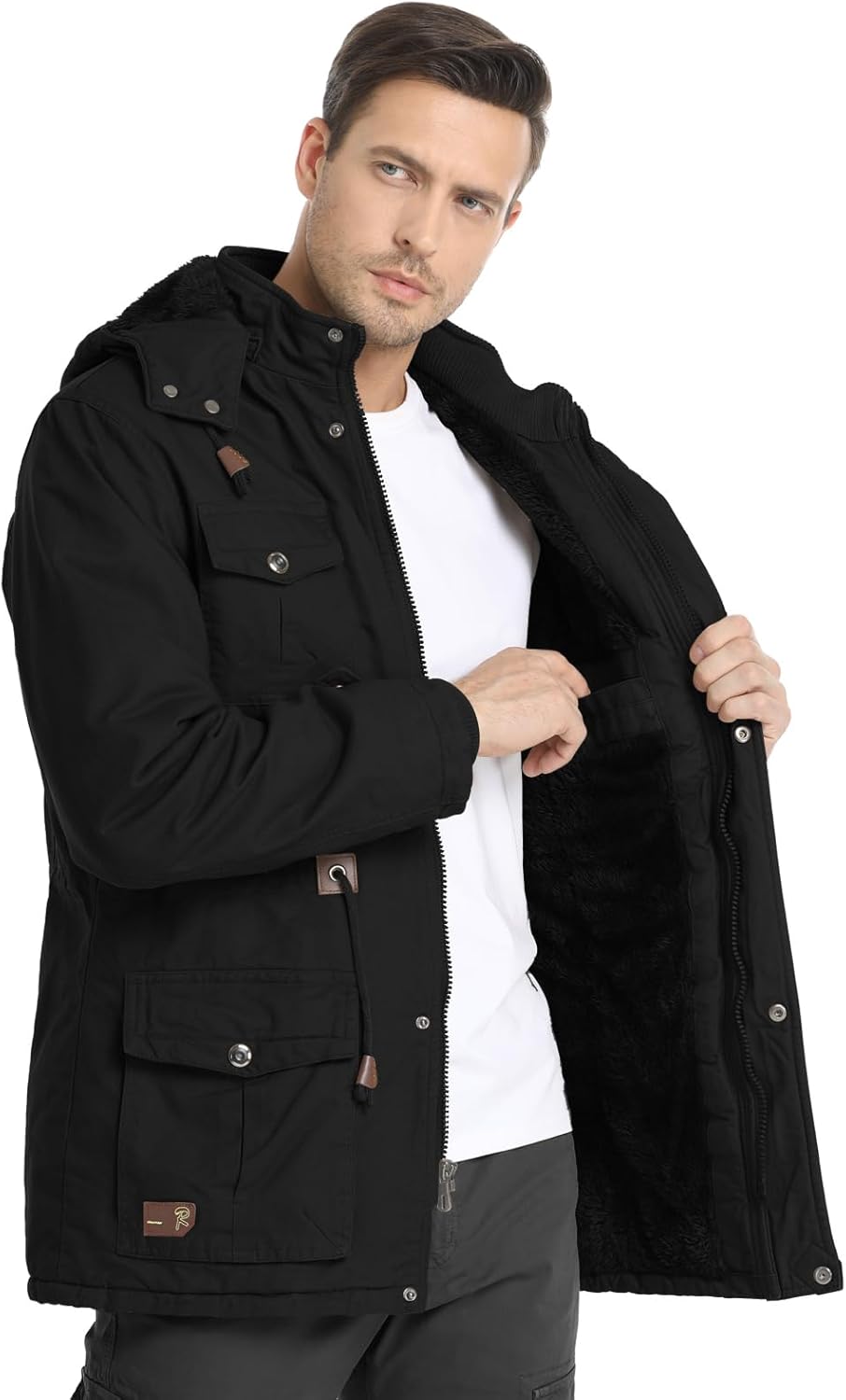 CHEXPEL Men's Thick Winter Jackets with Hood, Fleece Lining, Cotton Military Work Jackets with Cargo Pockets, Outwear