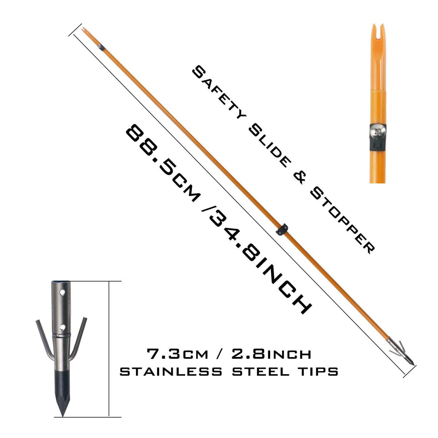 34inch Bowfishing Arrows Solid Fiberglass Shaft with Broadhead for Compound Bow and Recurve Bow Fishing Arrow Archery and Hunting (Pack of 6)