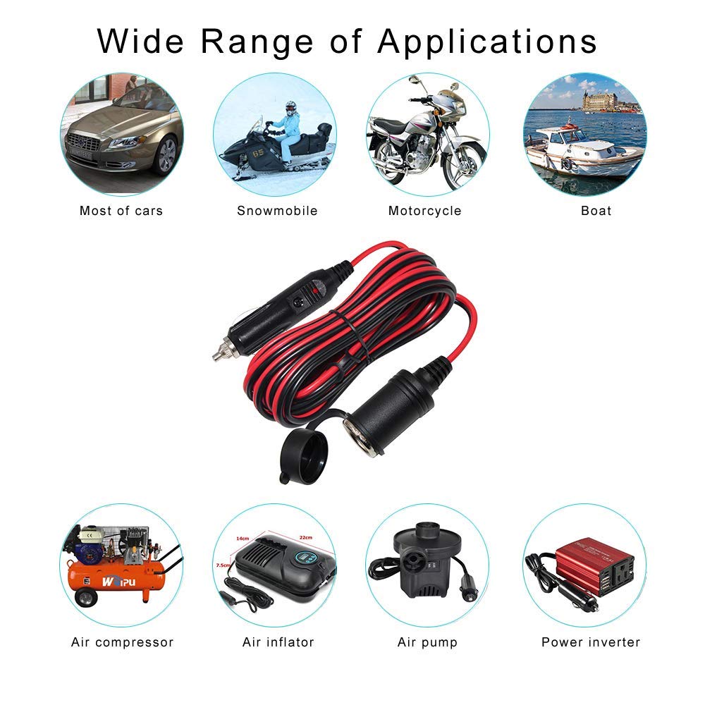 12V Cigarette Lighter Extension Cord 12FT -Car Charger Cigar Lighter Male Plug to Female Socket 16AWG Heavy Duty Extension Cable with LED Lights Extender for Air Compressor Pump and Tire Inflator 15A