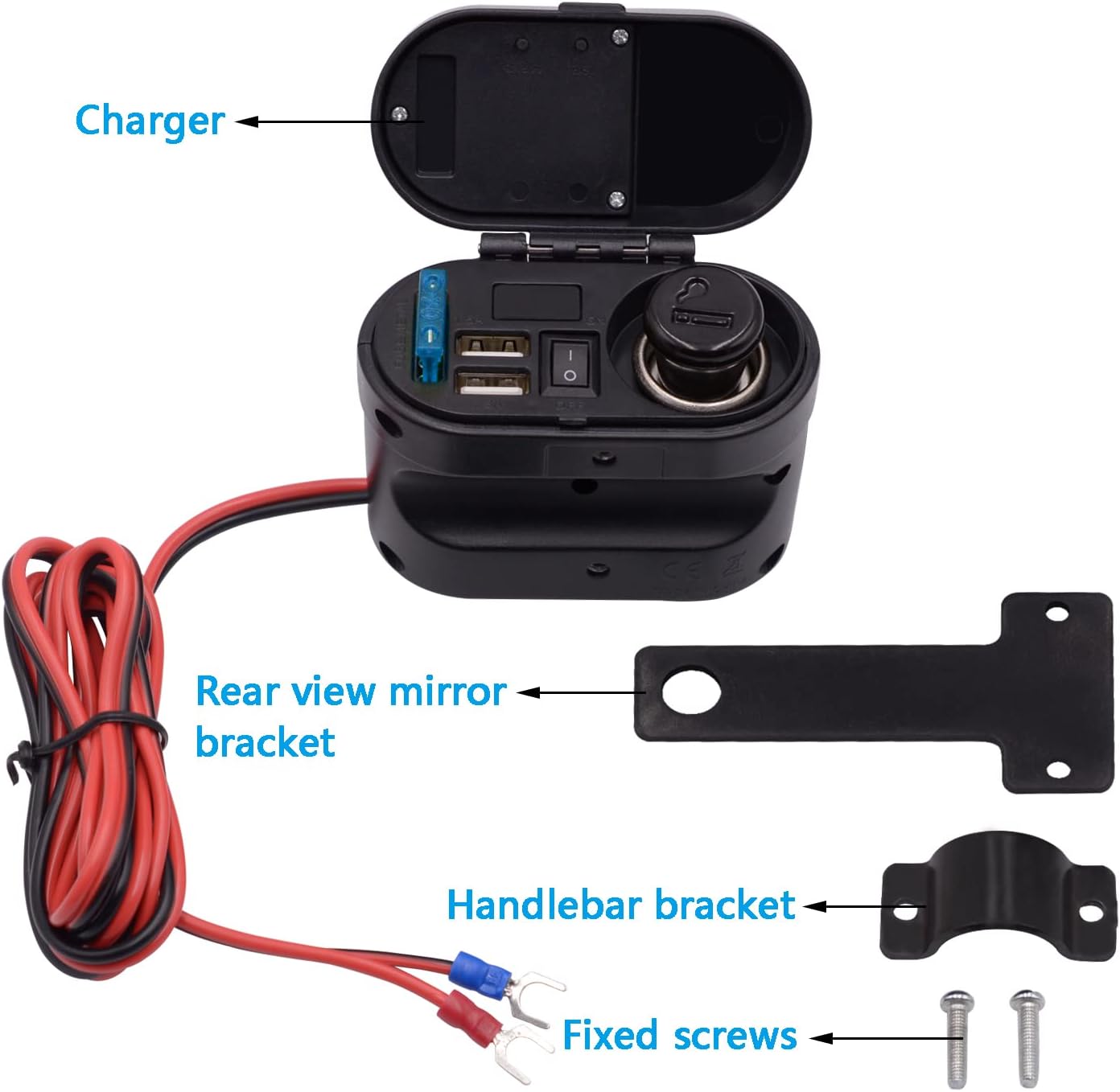 5V/3A Dual USB Charger Socket Waterproof Motorcycle Handlebar & Rear View Mirror Clamp Power Adapter Charger with Cigarette Lighter Socket, Voltmeter for Phones/Tablets/GPS (Black 1)