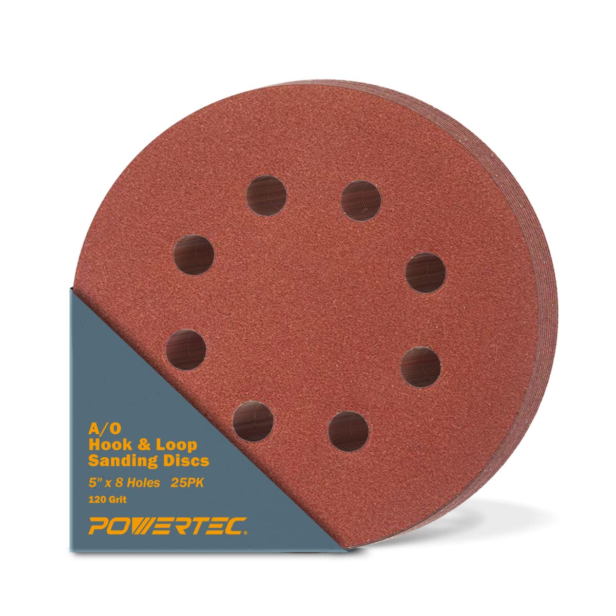 POWERTEC 100PK, 40/80/120/220/320 Grits, 5 Inch 8 Hole Hook and Loop Sanding Discs, Aluminum Oxide Sandpaper Discs, Woodworking Sanding Pads for Random Orbital, Palm, Air & Pneumatic Sander (45000)