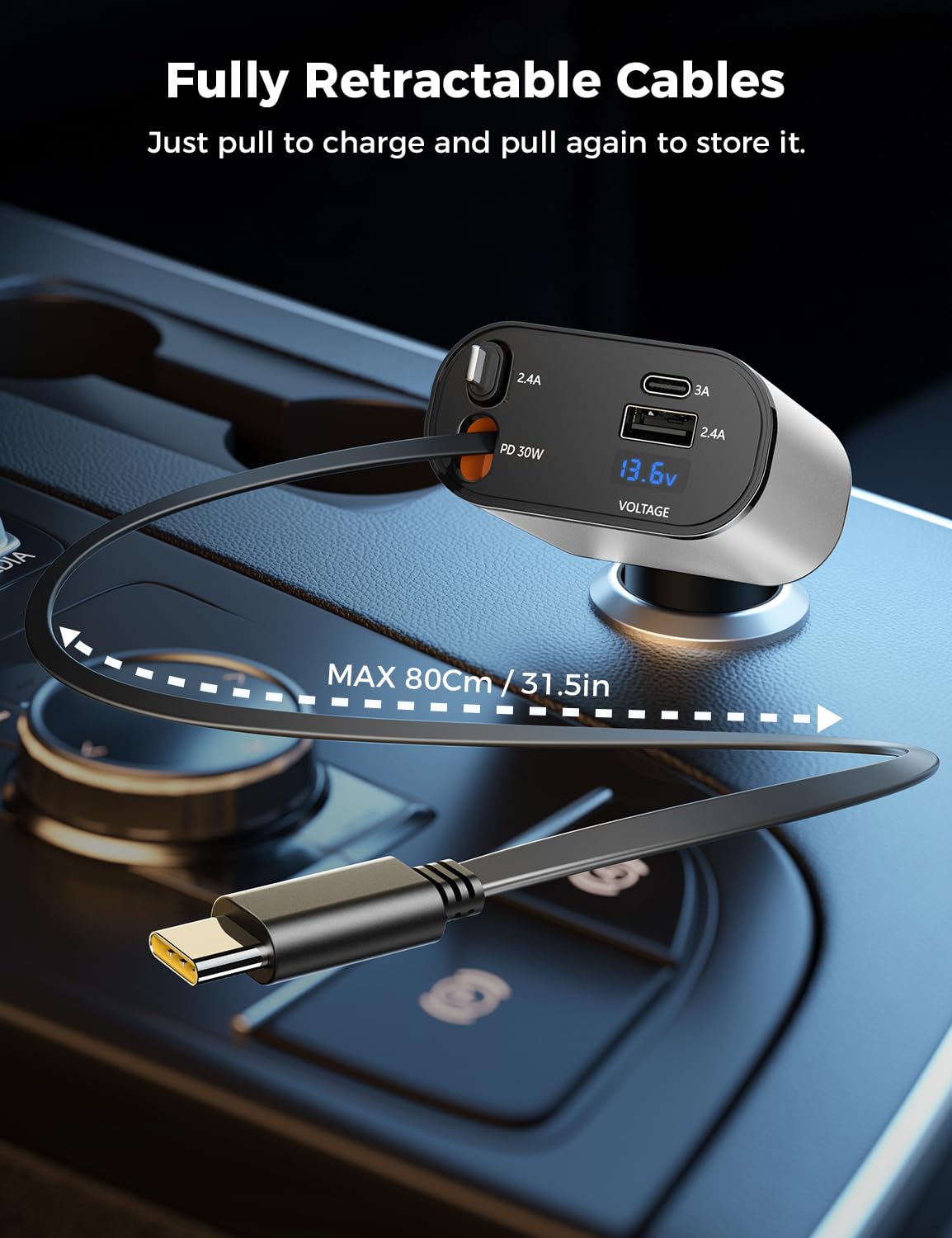【Upgraded】 SUPERONE Retractable Car Charger 4 in 1, Fast Car Phone Charger with Cord 2.6ft, USB C and Apple Car Adapter, Compatible with iPhone 16 15/15 Pro Max/14/13/12/11, Galaxy, Pixel
