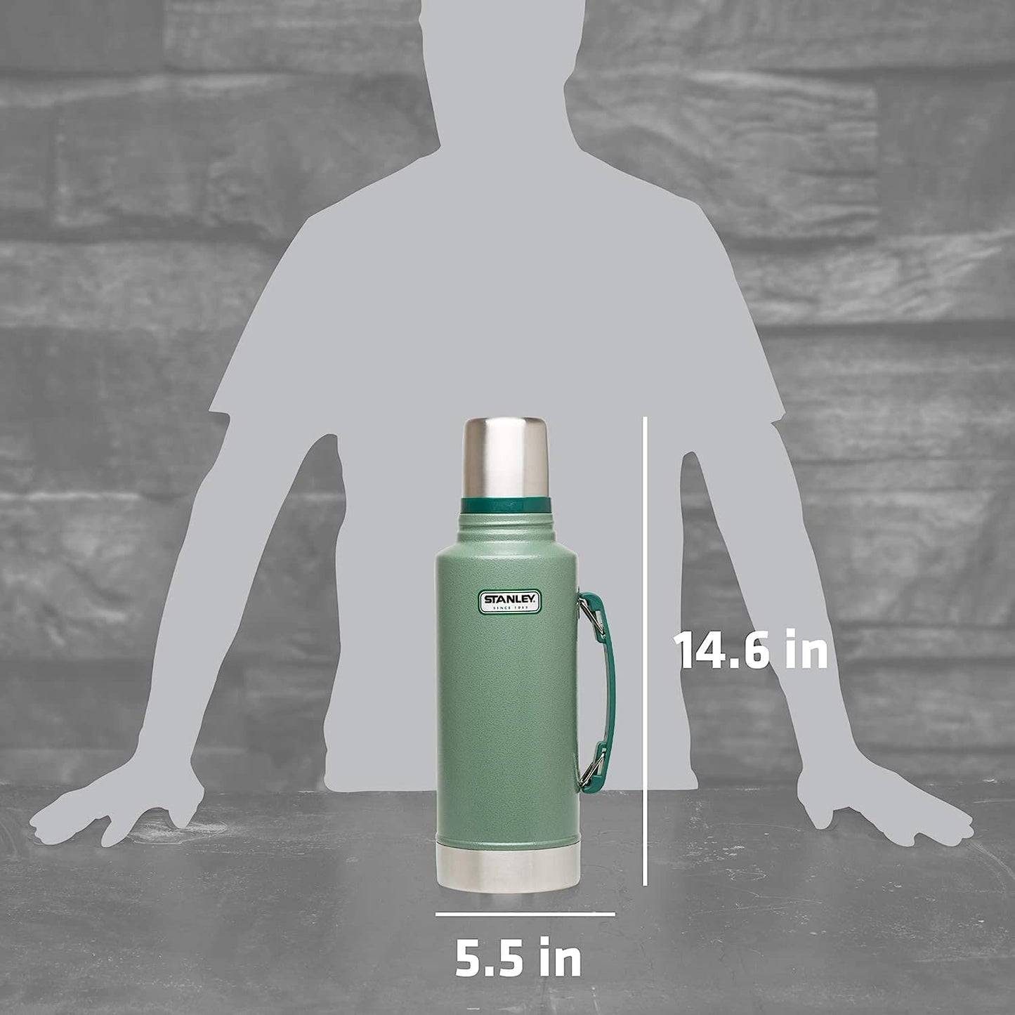 Stanley Heritage Classic Vacuum Bottle with Handle 1.1 qt | Wide Mouth with Leakproof Cup Lid | Keep Drinks Hot or Cold for Travel | Insulated Stainless Steel Thermos | BPA-Free | Hammertone Green