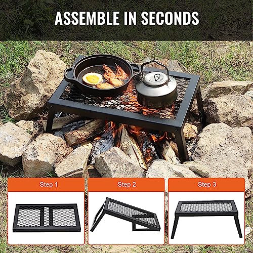 VEVOR Folding Campfire Grill, Heavy Duty Steel Mesh Grate, 22.4" Portable Camping Grates Over Fire Pit, Camp Fire Cooking Equipment with Legs Carrying Bag, Grilling Rack for Outdoor Open Flame Cooking