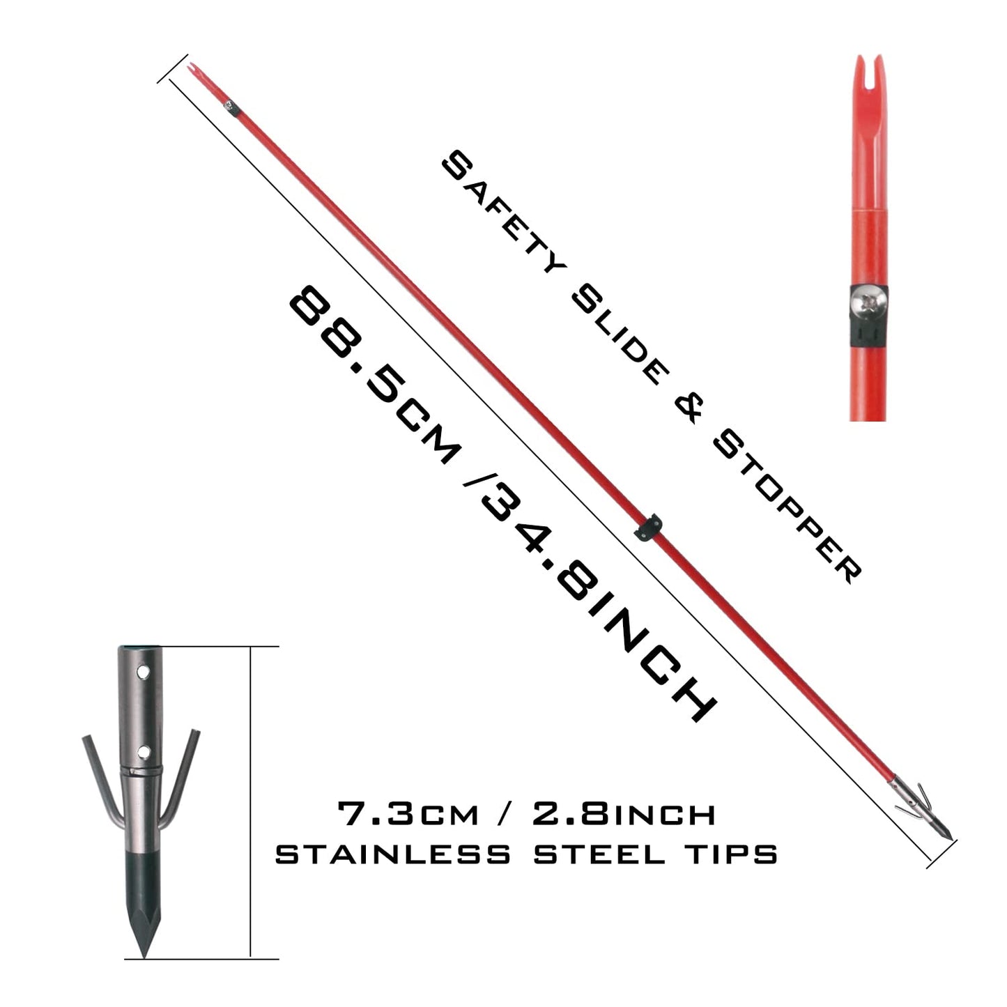 34inch Bowfishing Arrows Solid Fiberglass Shaft with Broadhead for Compound Bow and Recurve Bow Fishing Arrow Archery and Hunting (Pack of 6)