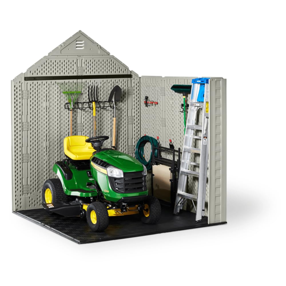 Rubbermaid Extra Large Resin Outdoor Storage Shed With Floor (7 x 10 Ft.), Weather Resistant, Brown, Organization for Home/Lawn Mower/Backyard Equipment/Bike Storage/Pool Supplies