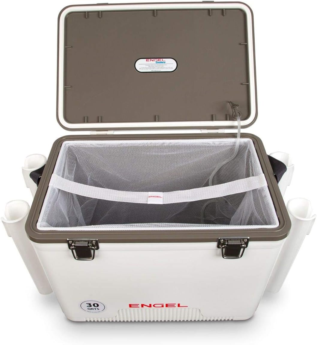 Engel 30qt Live Bait Cooler Box with 2nd Gen 2-Speed Portable Aerator Pump and 4 x Fishing Rod Holder Attachments. Fishing Bait Station and Minnow Bucket in LBC30-RH in White