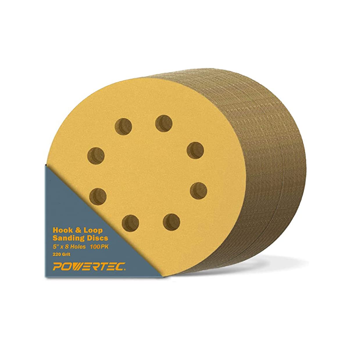 POWERTEC 50 PCS 220 Grit - 5 Inch 8 Hole Hook and Loop Sanding Discs, 5" Sanding Pads for Automotive, Drywall, Woodworking with Orbital Sander, Air, and DA Sander (44022G-50)