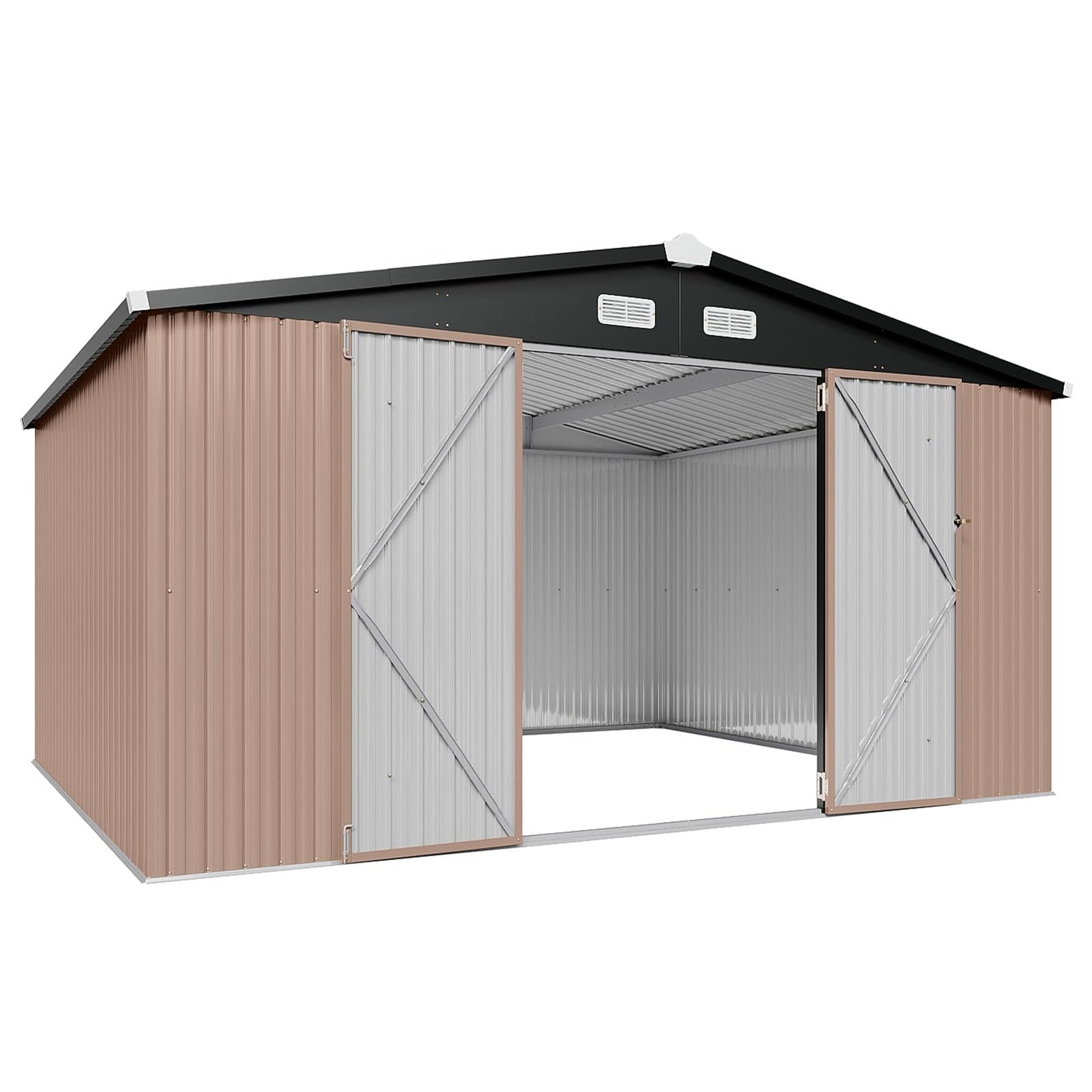Aoxun 12x10 FT Shed Metal Outdoor Waterproof Storage Shed Steel Utility Garden Tool Shed with Door & Lock Outdoor Storage for Garden Patio Lawn Poolside, Brown