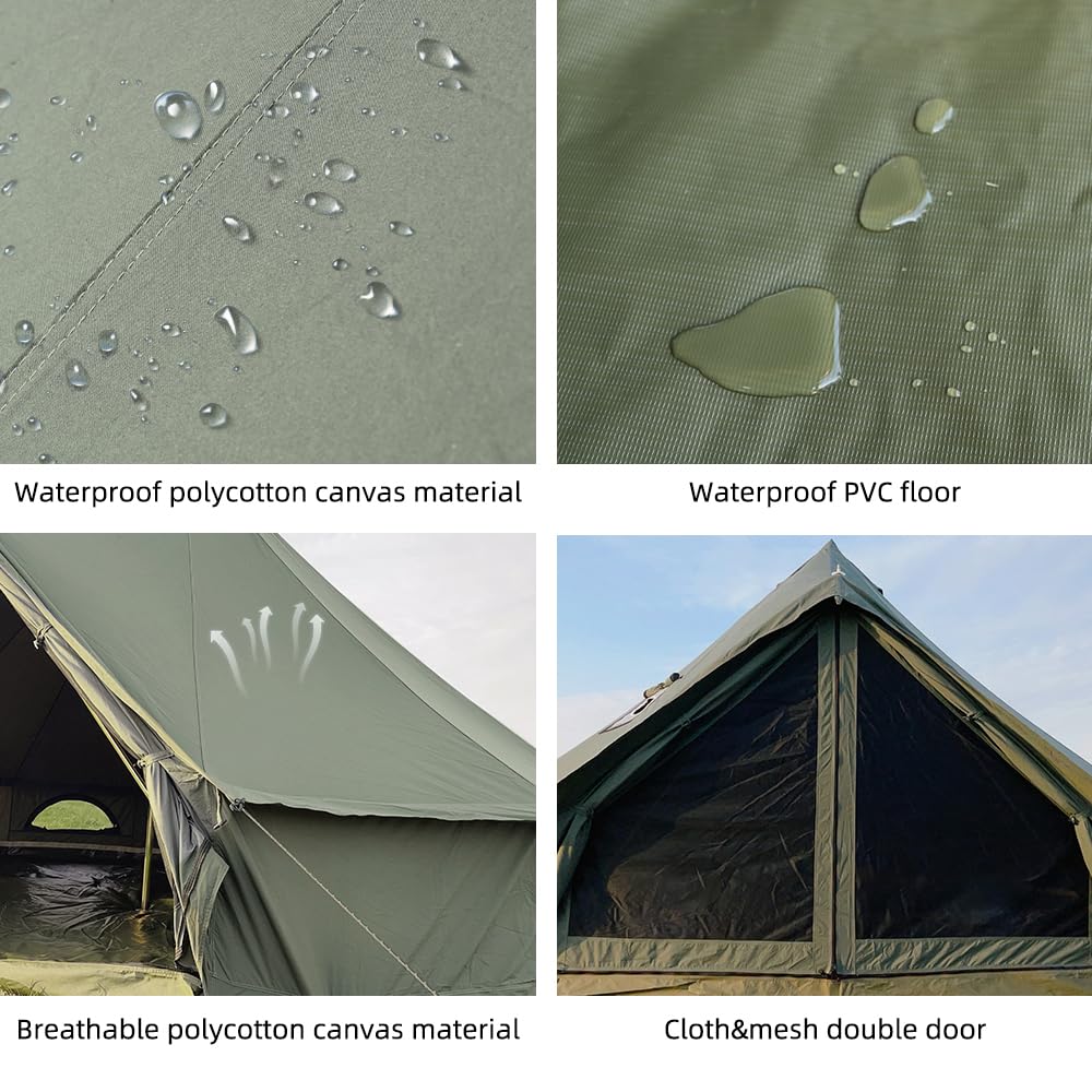 Cotton Canvas Bell Tent with Stove Jack, Roomy Yurt for Family Glamping Camping, 4 Season Tent with Zipped Removable Floor