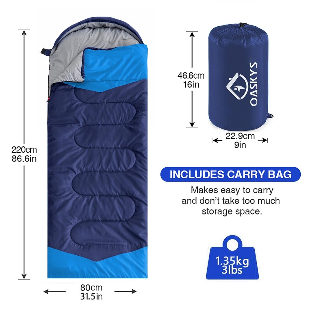 oaskys Camping Sleeping Bag - 3 Season Warm & Cool Weather - Summer Spring Fall Lightweight Waterproof for Adults Kids - Camping Gear Equipment, Traveling, and Outdoors
