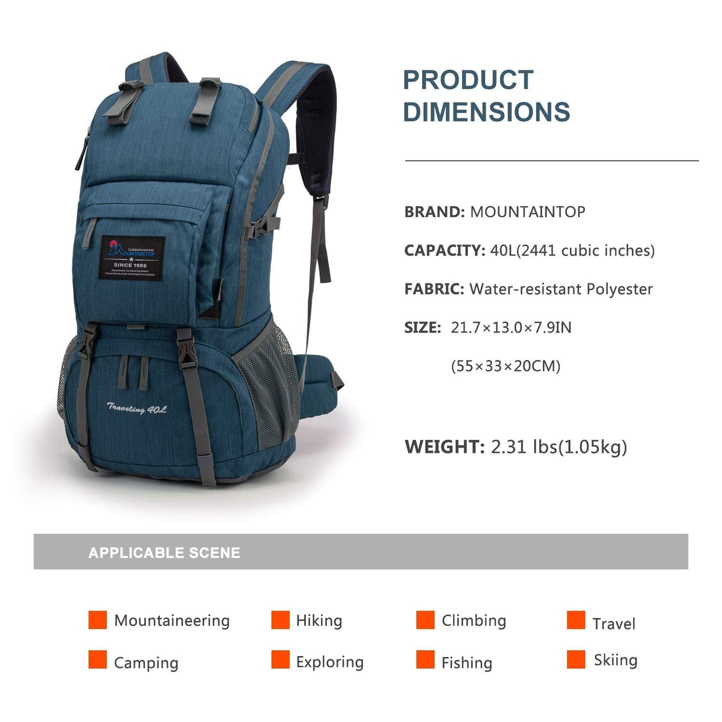MOUNTAINTOP 40L Hiking Backpack Lightweight Travel Backpack for Men&Women Outdoor Camping Backpacking