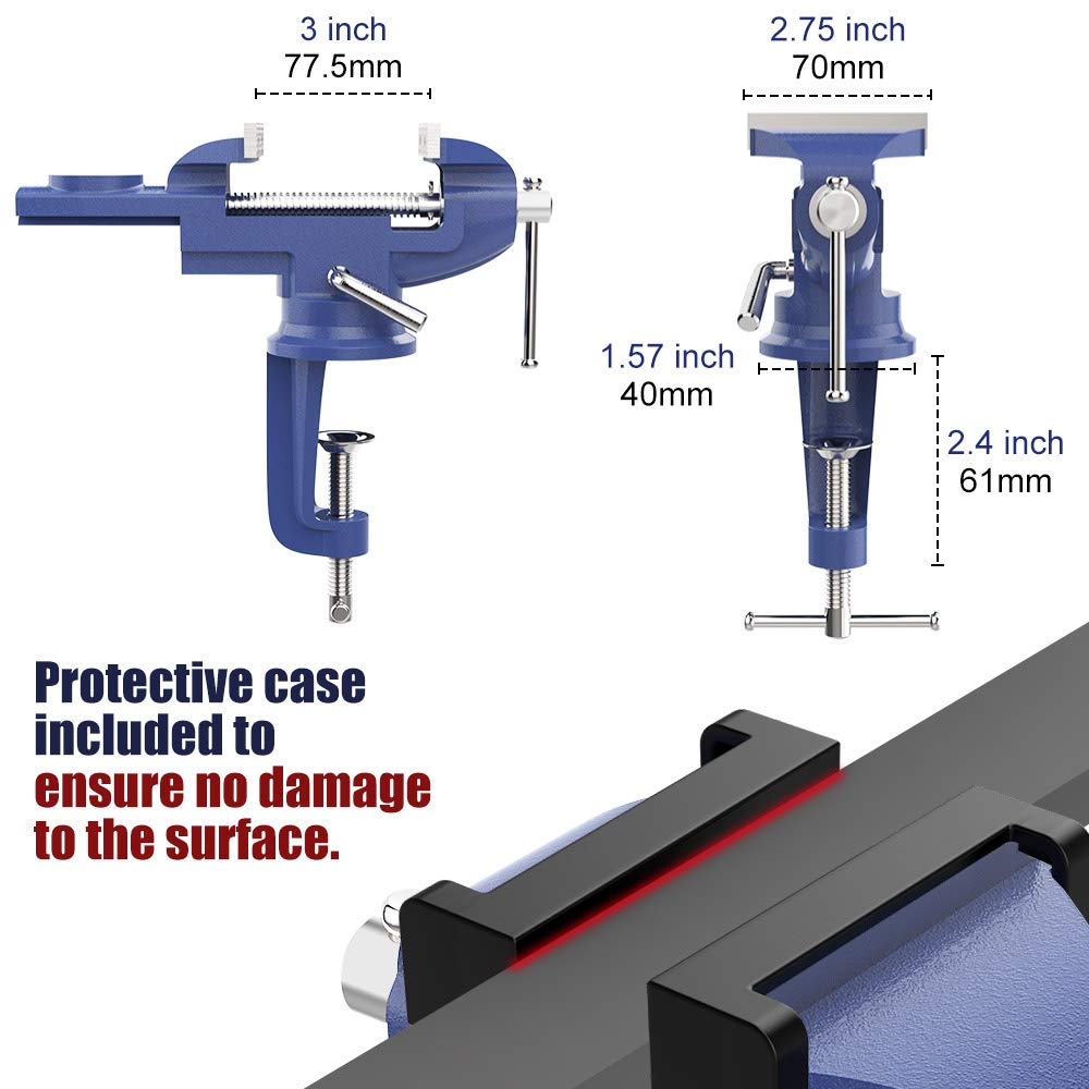 Nuovoware Table Vise 3 Inch, 360° Swivel Base Universal Home Vise Portable Bench Clamp, Clamp-on Vise Bench Clamps Fixed Tool for Woodworking, Metalworking, Cutting Conduit, Drilling, Sawing, Blue