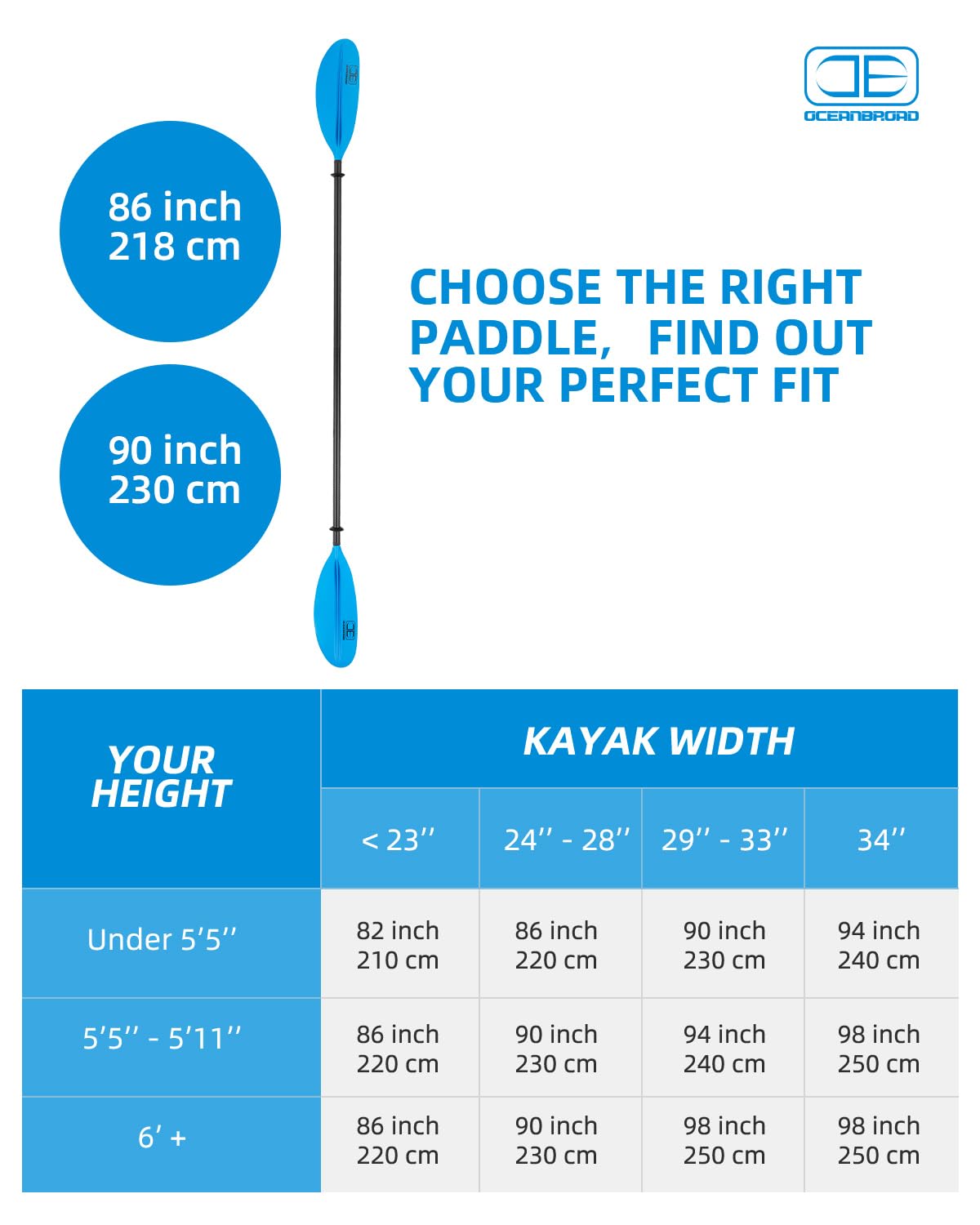OCEANBROAD Carbon Fiber Kayak Paddle 90.5in/230cm, 86in/218cm for Adults Kayaking Boating Canoeing Oar with Paddle Leash