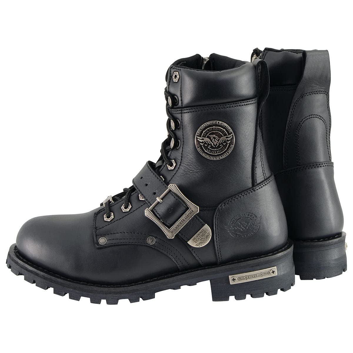 Milwaukee Leather Men's Black Leather Lace-Up Engineer Motorcycle Boots w/Buckles and Side Zipper MBM101-9