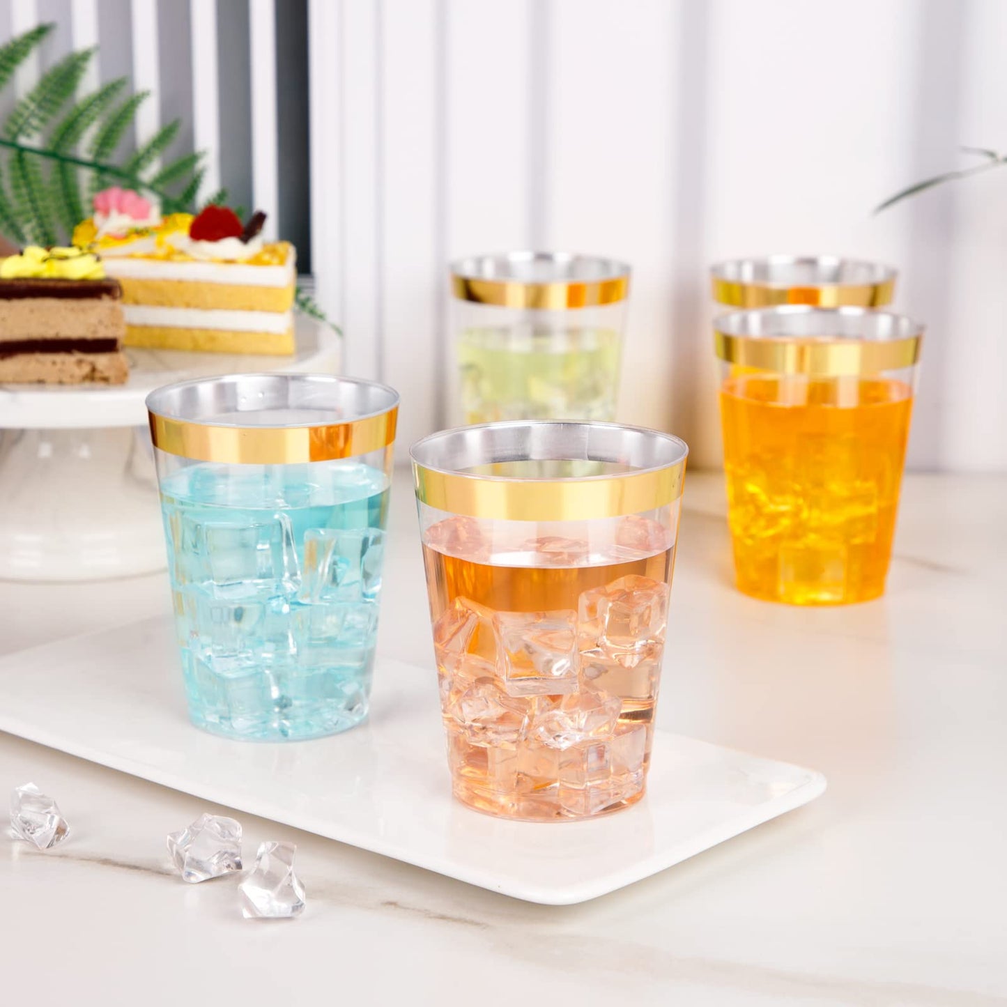 I00000 200 Pack Gold Plastic Cups, 9 Oz Elegant Clear Plastic Cups Gold Rimmed Disposable Wine Glasses Fancy Disposable Party Cups Wedding Cups Drinking Tumblers Plastic Cocktail Glasses with Gold Rim