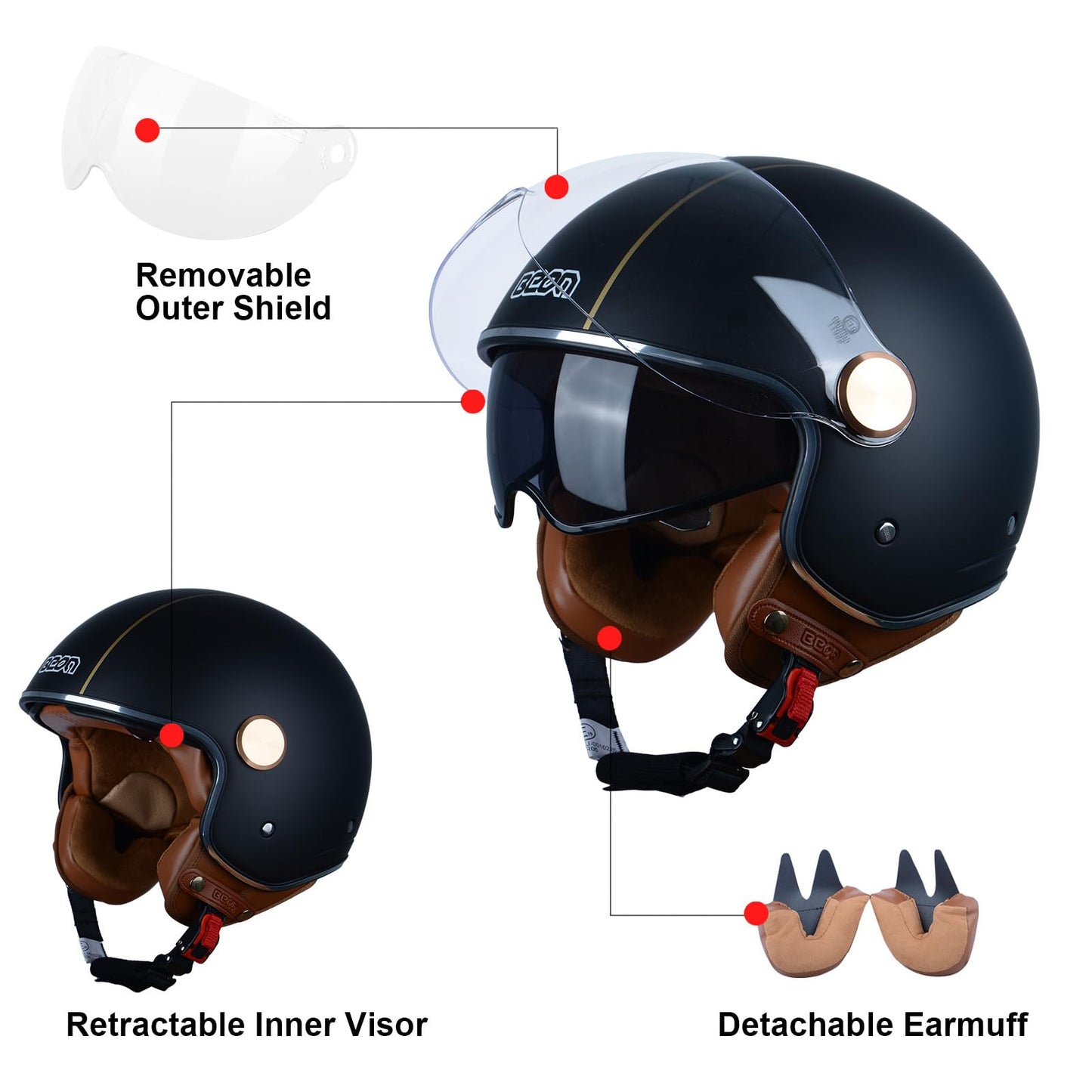 Open Face Motorcycle Helmet for Adults, DOT Approved,3/4 Retro Vespa Helmet, Dual Visors Men's and Women's Motorbike Casco for Moped Cruiser Bobber and Chopper