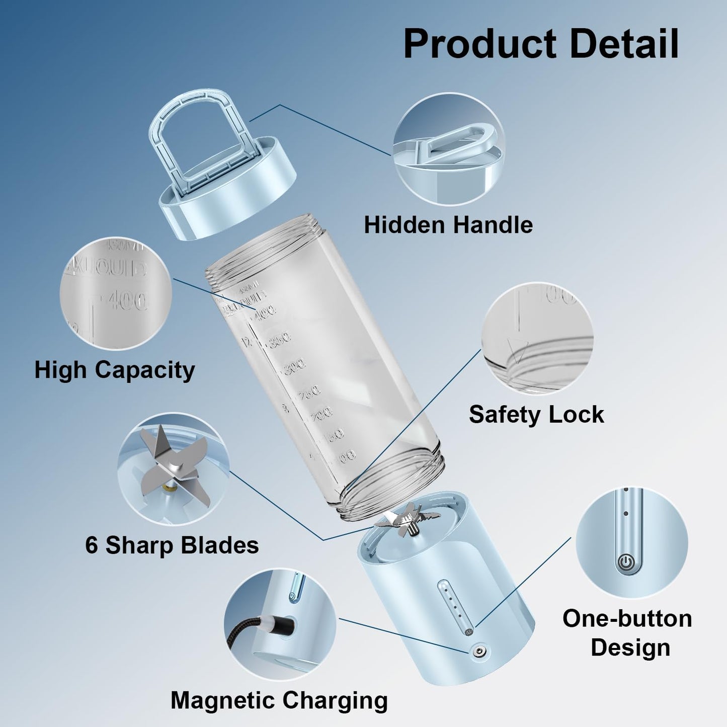 Portable Blender with Insulated Carrying Case & Recipe Book for Shakes and Smoothies, 24 OZ Personal Juicer Electric Protein Shaker Bottle, Mini Small Blender Cup with USB-C Rechargeable, Travel Lid