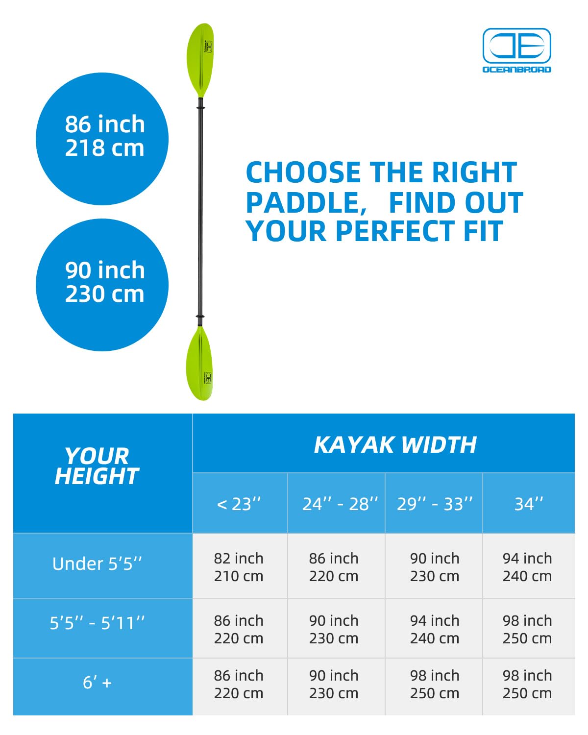 OCEANBROAD Carbon Fiber Kayak Paddle 90.5in/230cm, 86in/218cm for Adults Kayaking Boating Canoeing Oar with Paddle Leash