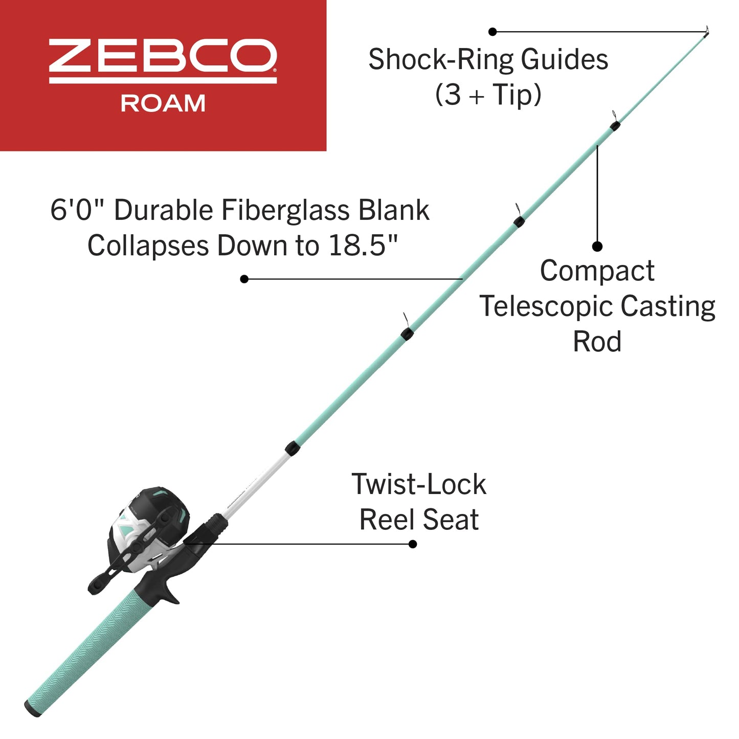 Zebco Roam Telescopic Fishing Rod and Spinning or Spincast Fishing Reel Combo, Durable 6-Foot Fiberglass Rod with ComfortGrip Handle, Pre-spooled with Zebco Cajun Fishing Line