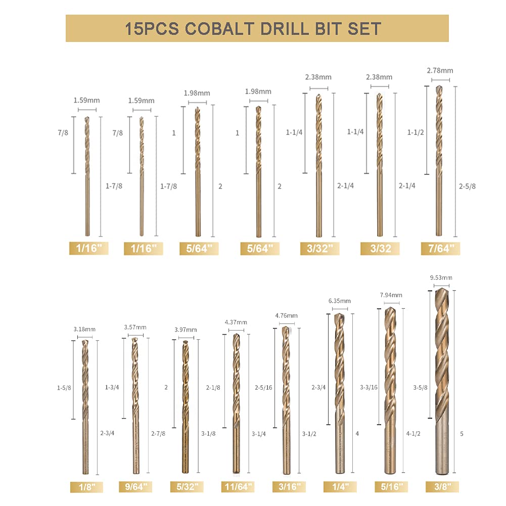 Cobalt Drill Bit Set 115 PCS - M35 High Speed Steel Twist Jobber Length Drill Bits for Hardened Metal, Stainless Steel, Cast Iron, Plastic and Wood, 1/16"-1/2", A-Z, 1-60