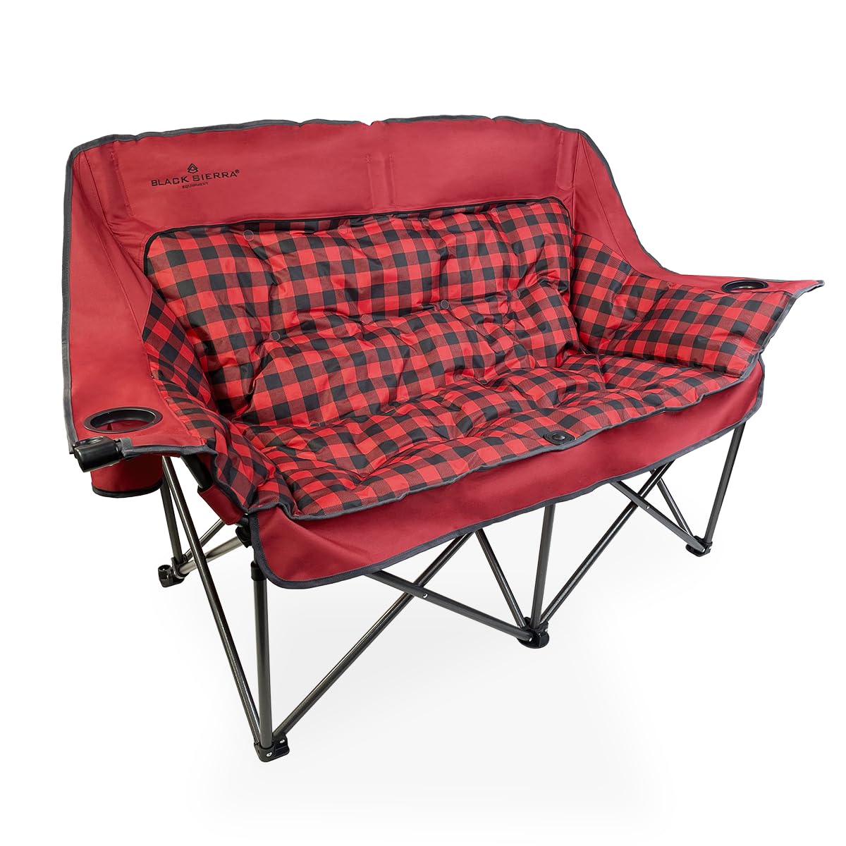 Black Sierra Oversized Plush Padded Camping Sofa, Portable Outdoor Loveseat Supports 500 Lbs, XL Foldup Couch w/Dual Cupholders and Carry Bag, Great for Beach, Camping, RV, Patio