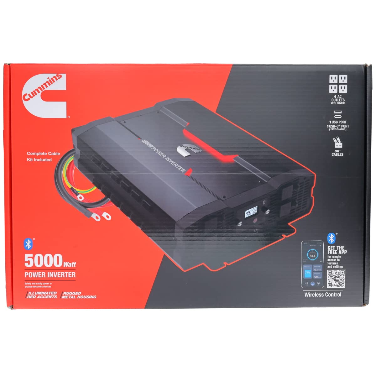 Cummins 5000 Watts Inverter Modified Sine Wave Truck Inverter 12 Volts to 110 Volts Four AC Outlets Two USB Ports (Plus Cable Kit)- CMN5000W - Inverters for Vehicles, Van Life, Camping