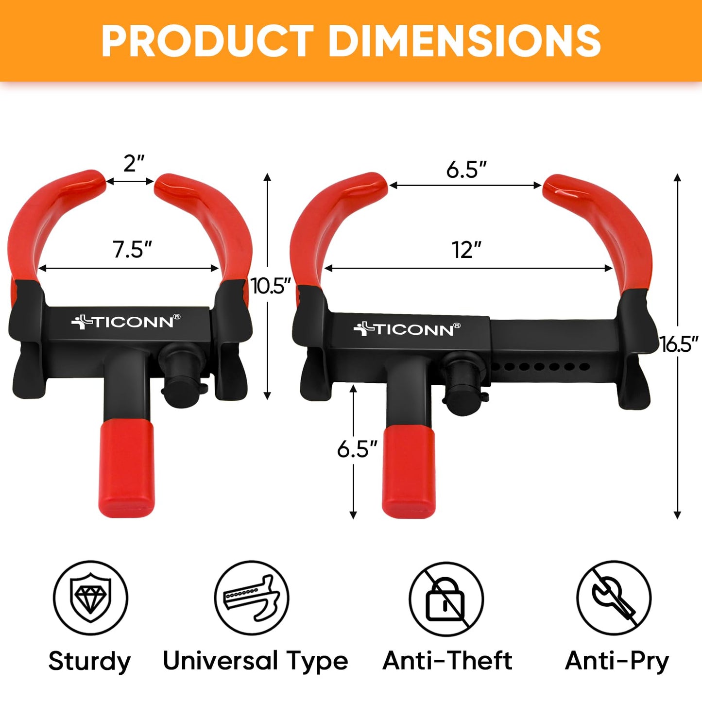 TICONN Universal Wheel Lock, Heavy Duty Tire Lock, Automobile Security Anti Theft Clamp Lock for Car Trailer SUV Motorcycle with 3 Keys (Yellow)