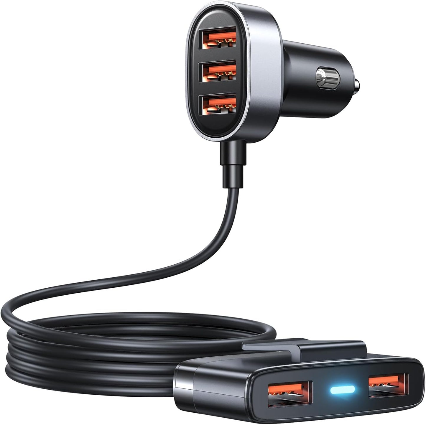 5-in-1 USB Car Charger Multi Port, 12V Phone Adapter for Multiple Devices, Cigarette Lighter With 5FT Extension Cable for Back Seat Charging