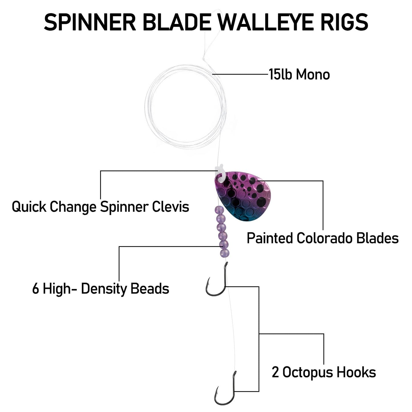 Dr. Fish 10 Pack Walleye Rigs Kit, 47 Inches, 15LB Mono Crawler Harness Walleye Float Rig Colorado Spinner Octopus Hooks for Freshwater Trolling