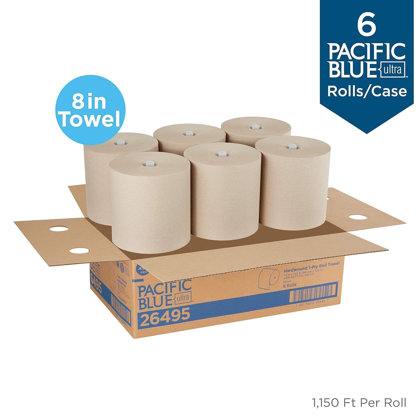 Pacific Blue Ultra 8” High-Capacity Recycled Paper Towel Roll by GP PRO (Georgia-Pacific), White, 26490, 1150 Feet Per Roll, 6 Rolls Per Case
