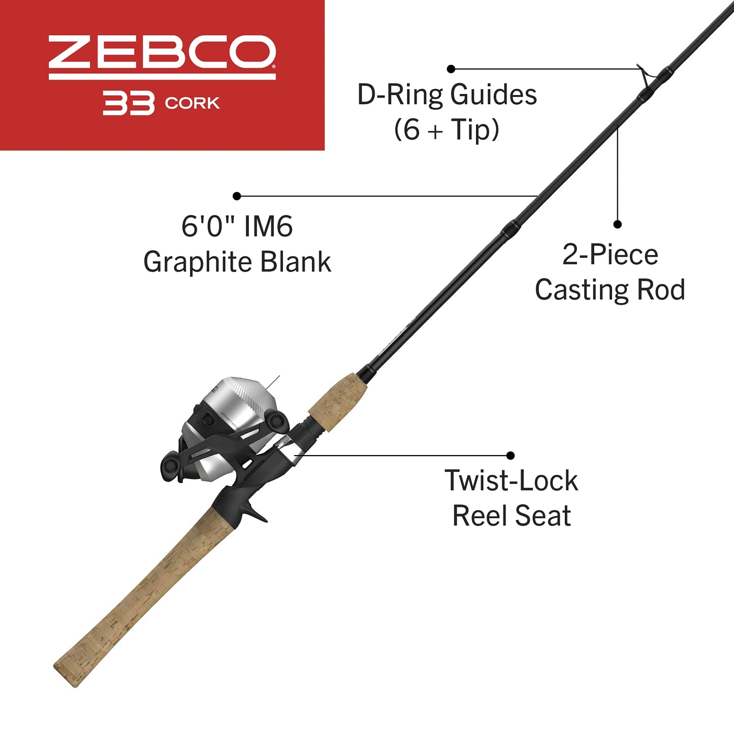 Zebco 33 Cork Spincast Reel and Fishing Rod Combo, 6-Foot 2-Piece Graphite Rod with Cork Handle, Quickset Anti-Reverse Fishing Reel with Bite Alert, Silver