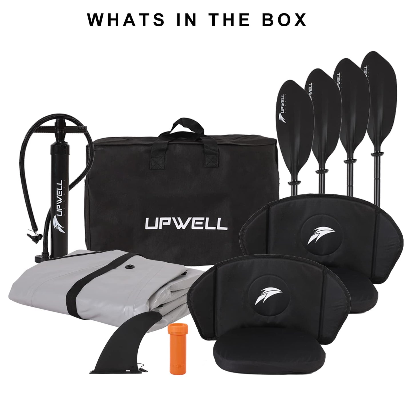 UPWELL 13'6”/11' Inflatable Recreational Kayak - 2 Person with Drop Stitch Floor and Accessories Including Kayak Seats with High Back Support, Paddle, Fin, Repair Kits, Carry Bag and Hand Pump