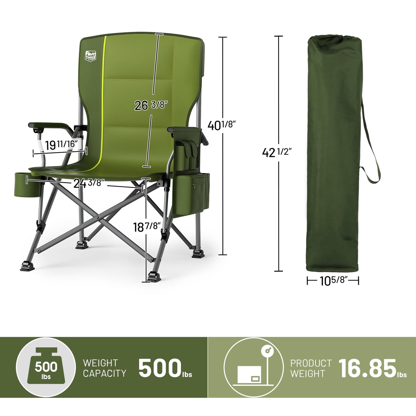 TIMBER RIDGE Oversized Folding Camping Chair High Back Heavy Duty for Adults Support up to 500lbs with Cup Holder, Side Pocket Cooler Bag