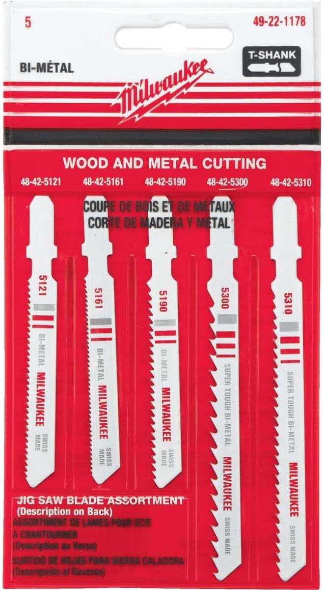 Milwaukee 49-22-1178 T-Shank Metal/Wood Cutting Jig Saw Blade Assortment, 5-Pack