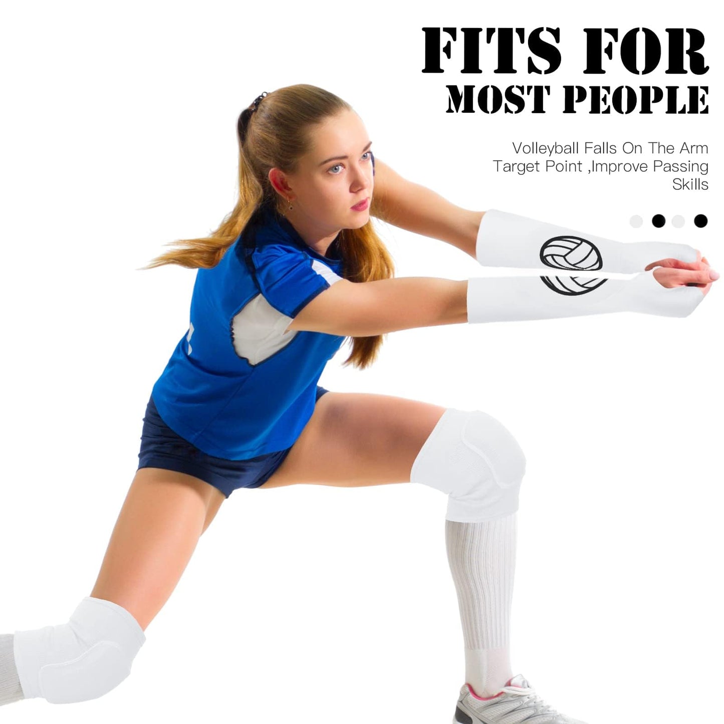 Sosation 2 Set Volleyball Knee Pads and Volleyball Arm Sleeves with Protection Pad Compression Forearm Wrist Guard with Thumb Hole Soft Breathable for Hitting Passing(Black, White)