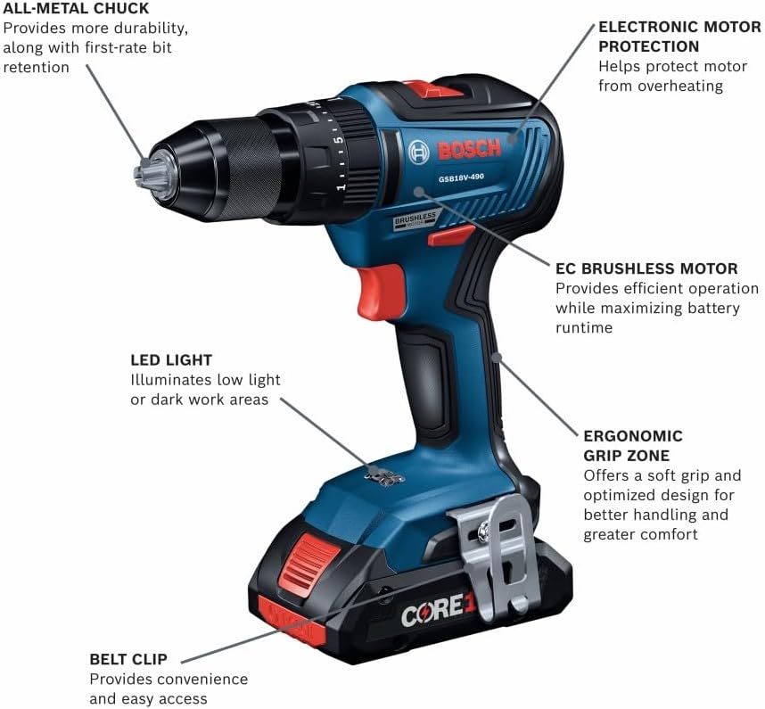 BOSCH GXL18V-497B23 18V 4-Tool Combo Kit with 2-In-1 1/4 In. and 1/2 In. Bit/Socket Impact Driver, 1/2 In. Hammer Drill/Driver, Circular Saw, Worklight with (1) CORE18V 4 Ah Battery & (1) 2 Ah Battery