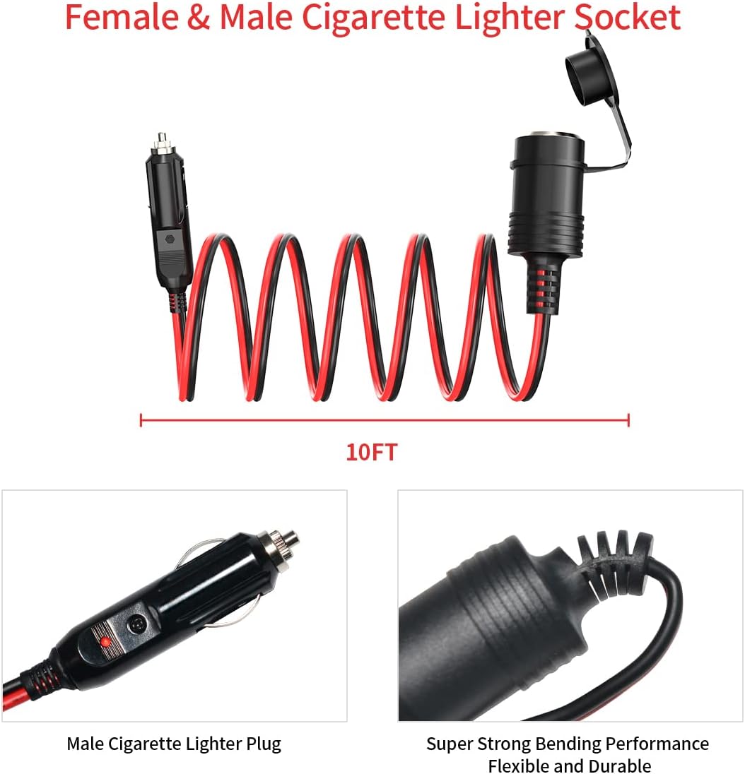 14AWG Cigarette Lighter Extension Cord 12V Cigarette Lighter Male Plug to Female Socket Extension Cable for Air Compressor Tire Inflators(10FT)