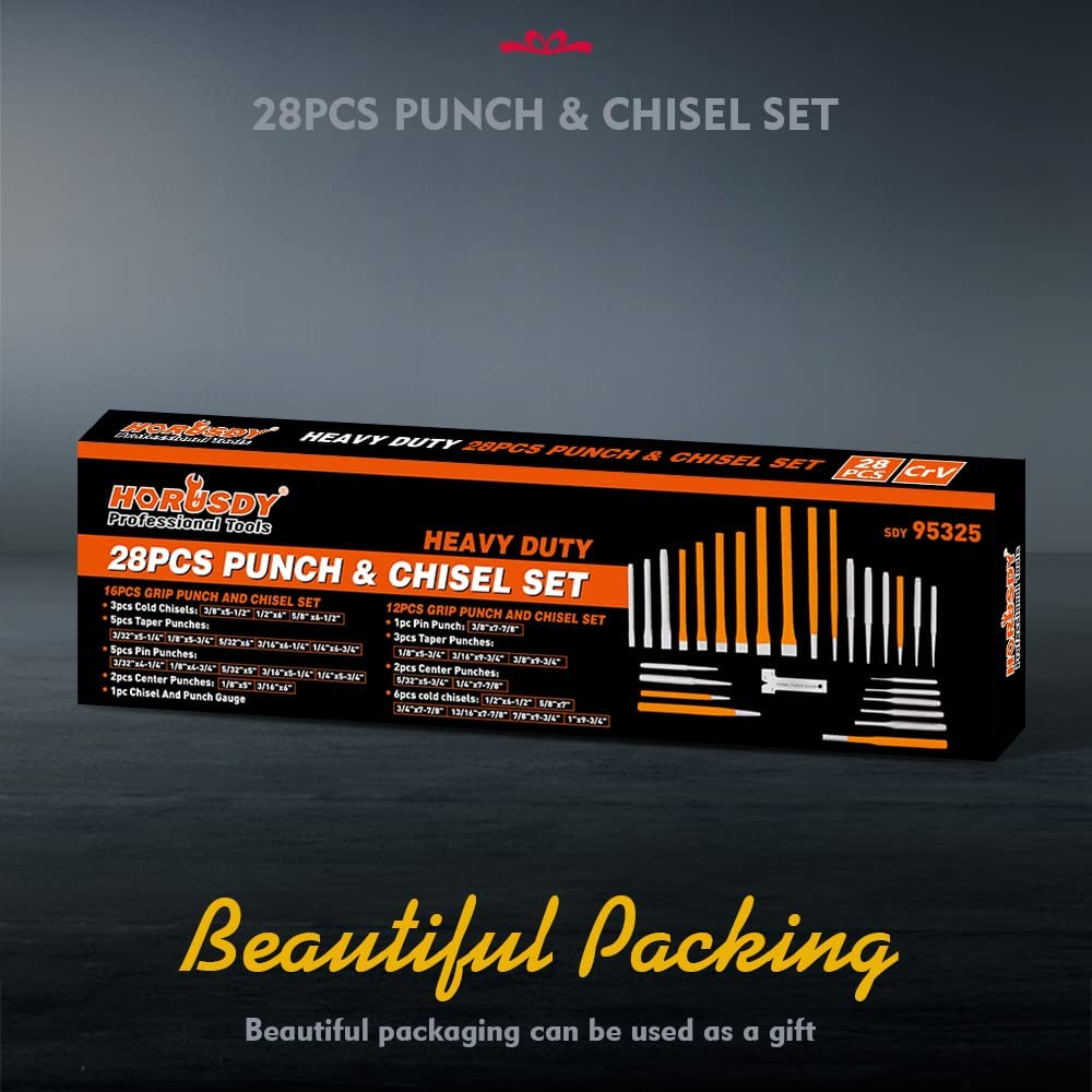 HORUSDY 16-Piece Punch and Chisel Set, Including Taper Punch, Cold Chisels, Pin Punch, Center Punch