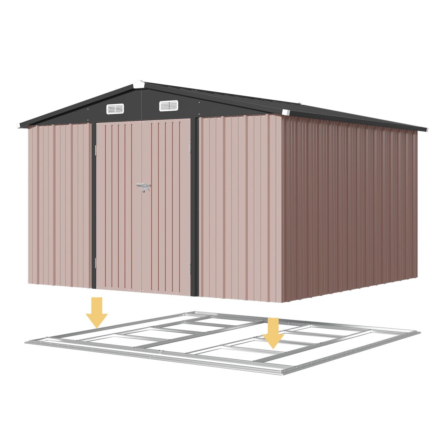 Aoxun 12x10 FT Shed Metal Outdoor Waterproof Storage Shed Steel Utility Garden Tool Shed with Door & Lock Outdoor Storage for Garden Patio Lawn Poolside, Brown