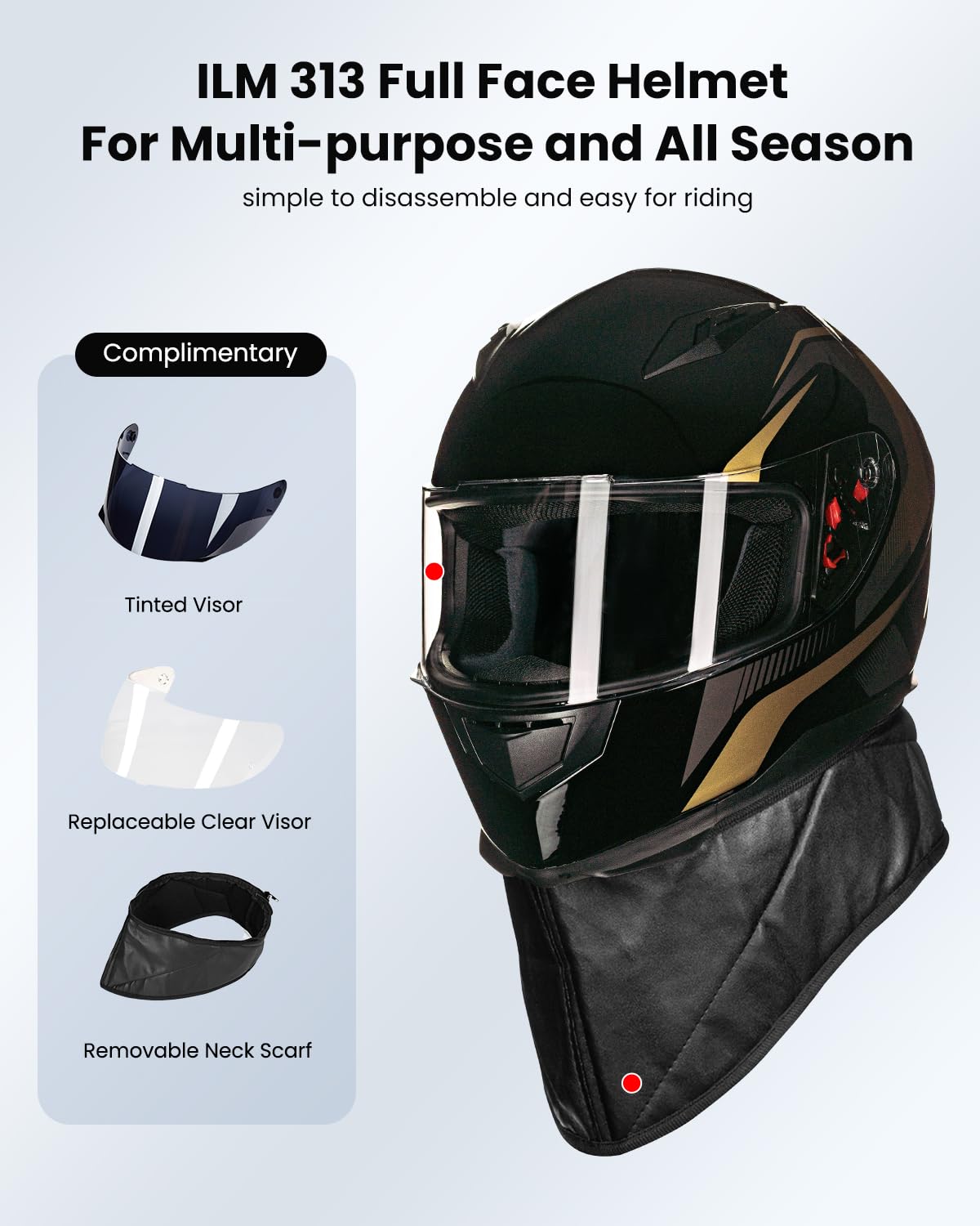 ILM Full Face Motorcycle Street Bike Helmet with Removable Winter Neck Scarf + 2 Visors DOT Model-JK313