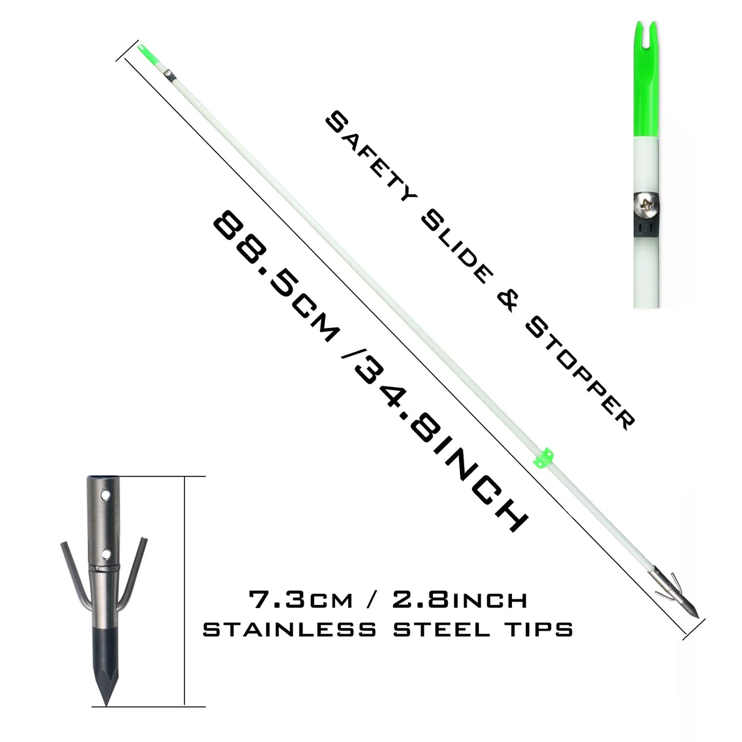 34inch Bowfishing Arrows Solid Fiberglass Shaft with Broadhead for Compound Bow and Recurve Bow Fishing Arrow Archery and Hunting (Pack of 6)