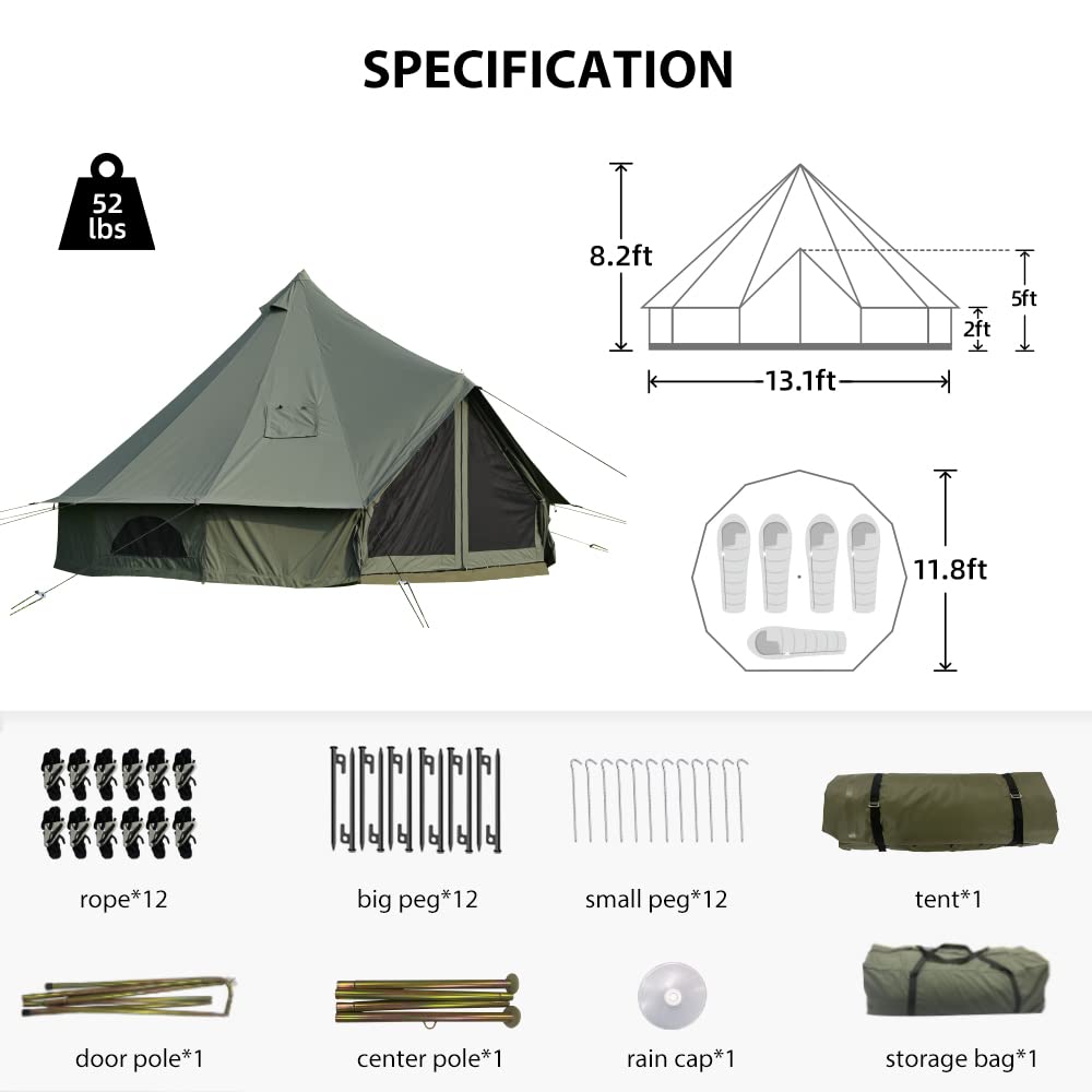 Cotton Canvas Bell Tent with Stove Jack, Roomy Yurt for Family Glamping Camping, 4 Season Tent with Zipped Removable Floor