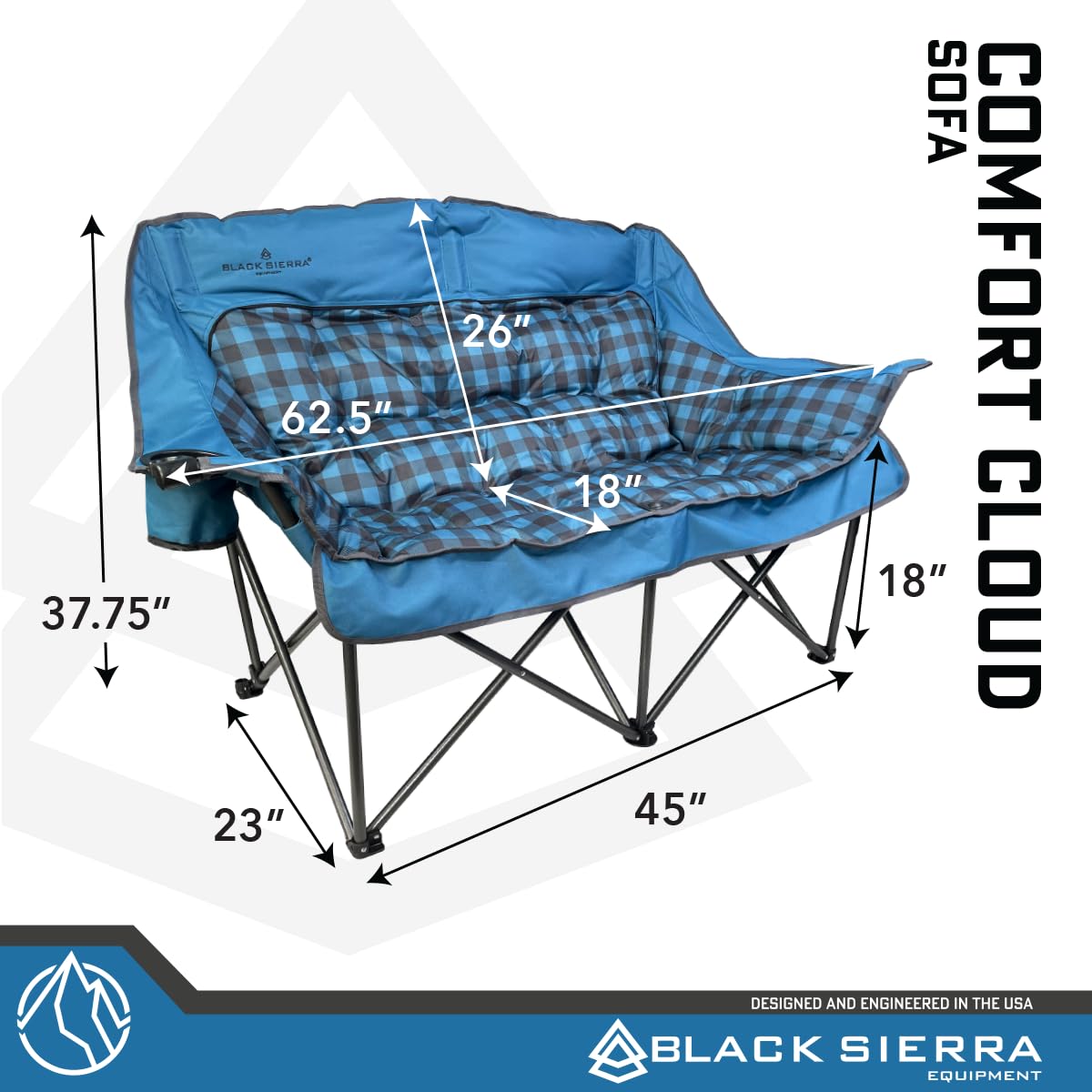 Black Sierra Oversized Plush Padded Camping Sofa, Portable Outdoor Loveseat Supports 500 Lbs, XL Foldup Couch w/Dual Cupholders and Carry Bag, Great for Beach, Camping, RV, Patio