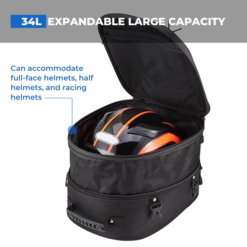 KEMIMOTO Motorcycle Tail Bag, Dual Use Motorcycle Rear Seat Bag with Waterproof Rain Cover, 22L-34L Expandable Motorbike Helmet Bag Luggage Storage Backpack with 6 straps