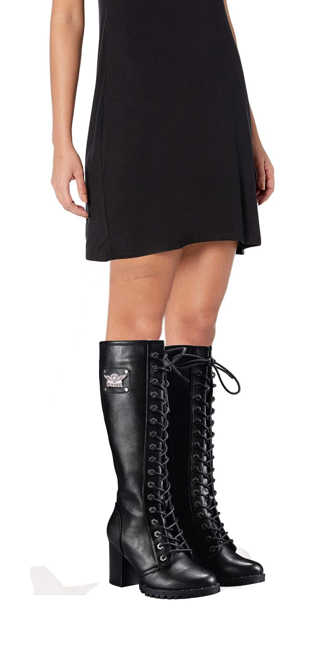 Dream Apparel Women's Faux Leather Lace Up Knee High Boots, Black Motorcycle Riding Boots with Chunky Heel, Sexy Biker Boots with Side Zipper