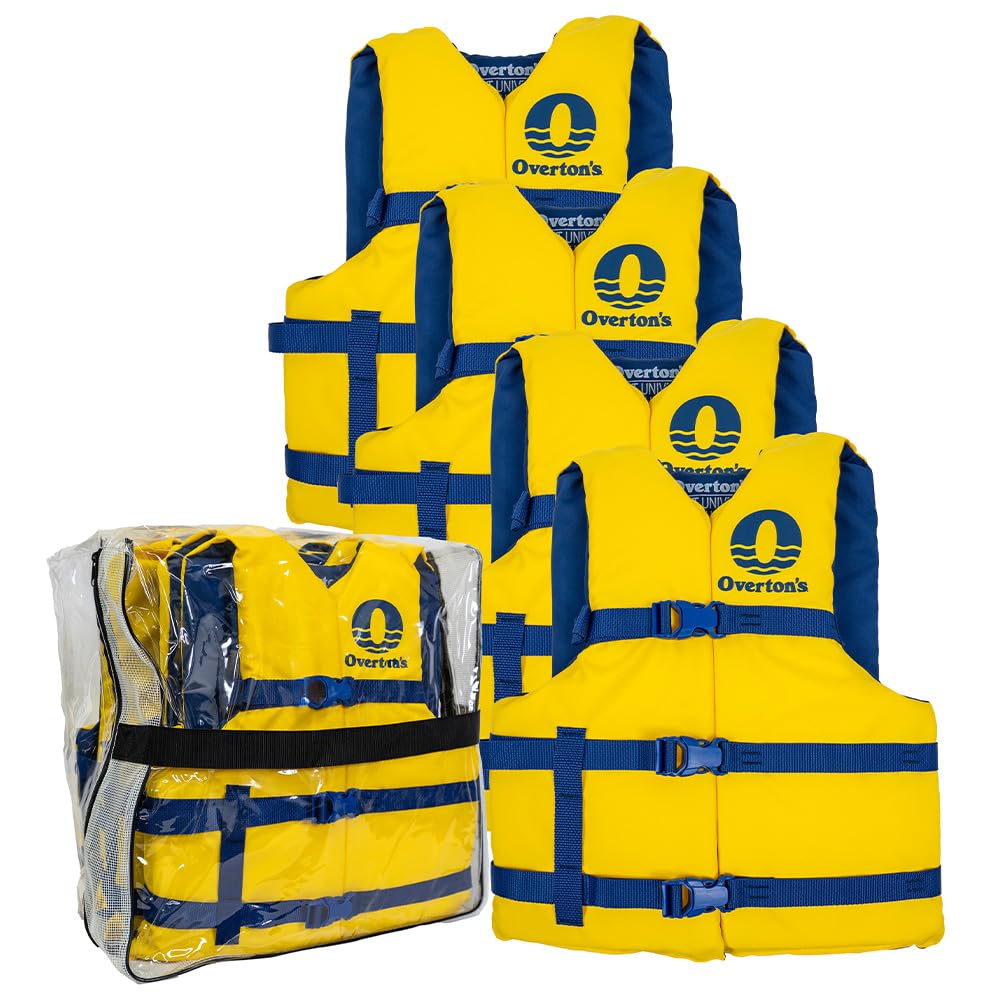 Overton's Universal Adult Life Jacket - Pack of 4, Nylon Shell with Closed-Cell Foam, Open Sides and Sturdy Belts, USCG Approved Type III, Fits Chest Sizes 30" to 52", Includes Zippered Storage Bag