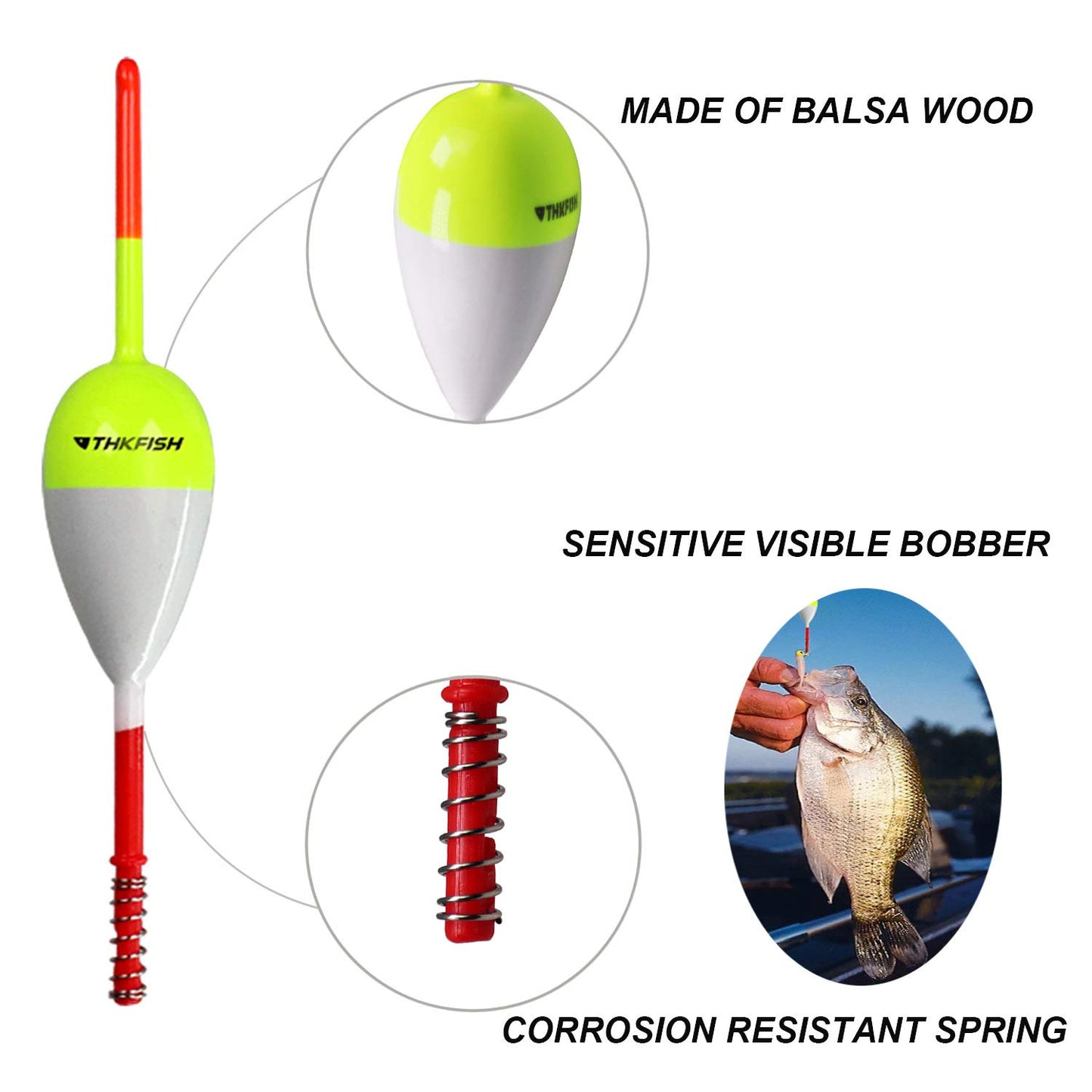 THKFISH Fishing Floats and Bobbers Balsa Wood Floats Spring Bobbers with Oval Slip Bobbers for Crappie Panfish Walleyes Fixed Bobber (1"X0.7"X6") (1.25"X0.75"X6") (2"X1.14"X5.86") 5pcs